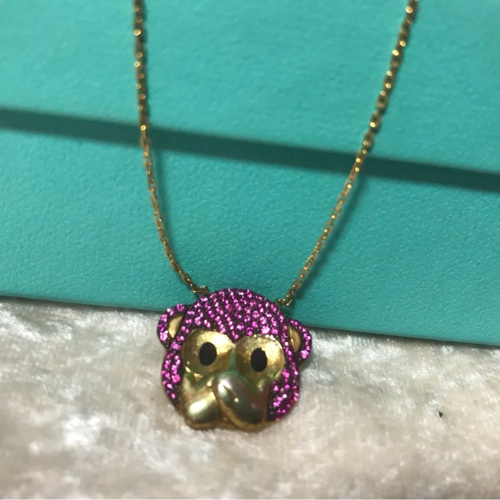 FREE Gabi Rielle Pink Rhinstones Sparkly Glam Cute Monkey Speak No Evil Necklace - Picture 1 of 9
